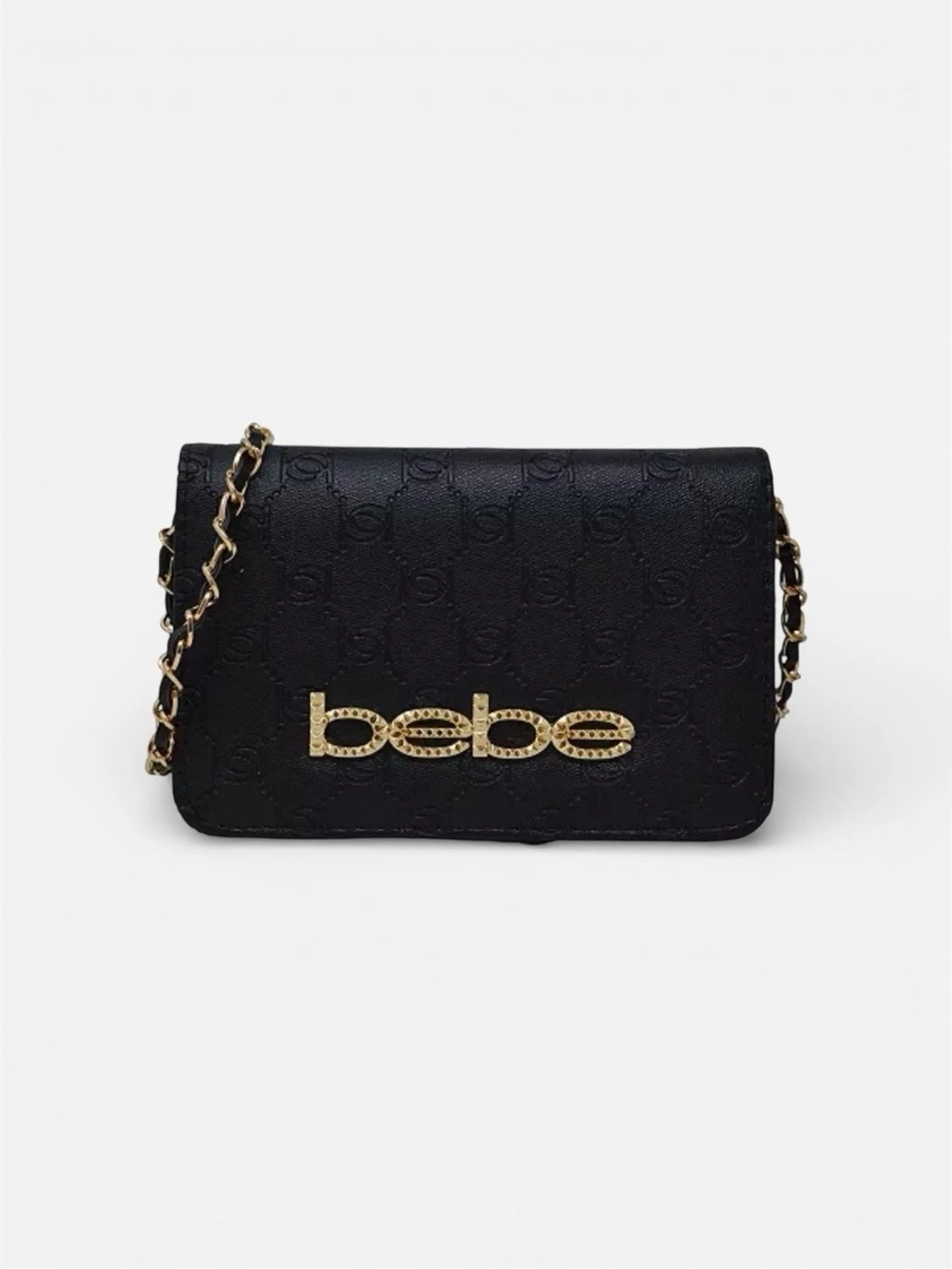 bebe Black Logo Crossbody with Gold Chain